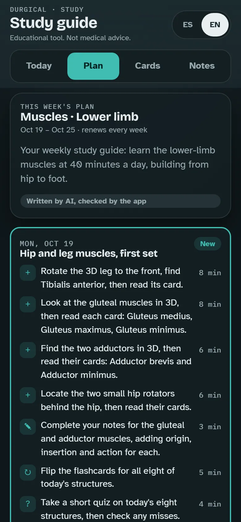 The app on a phone: this week's plan in Study.