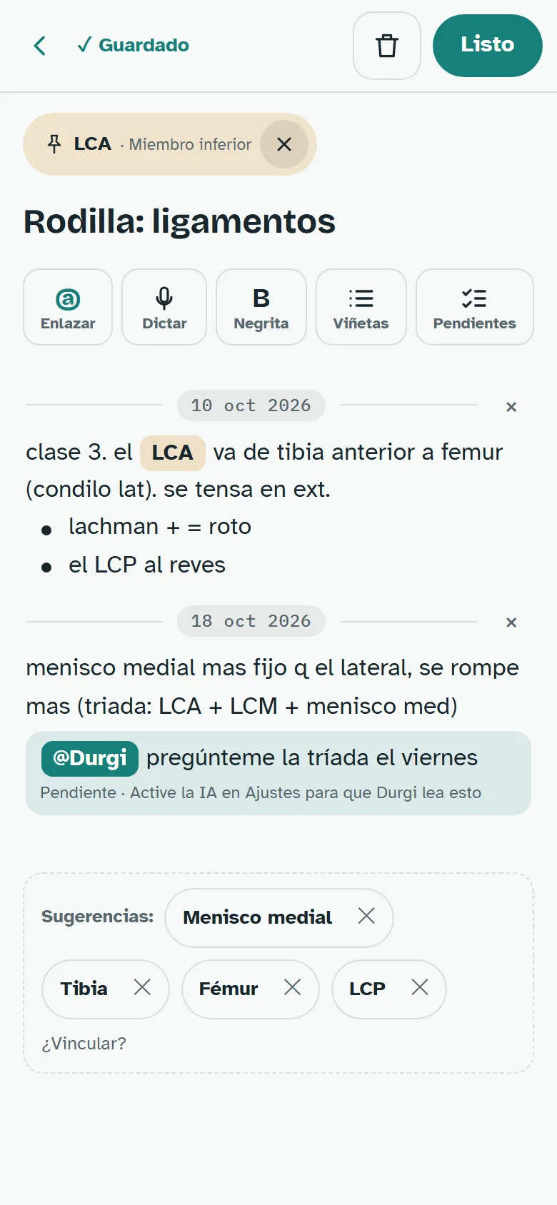 The app on a phone: a note with its dates, links to structures and an @Durgi line.