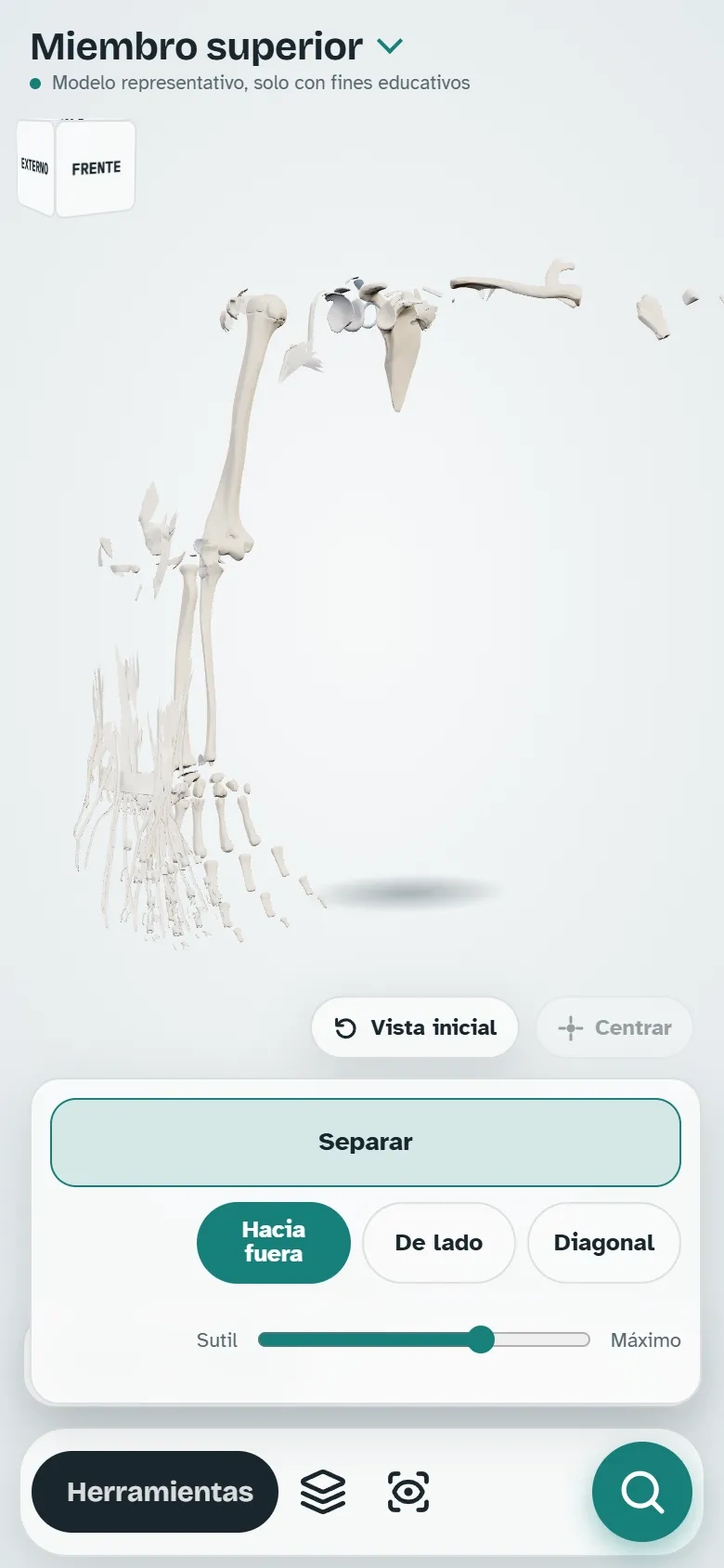 La app en un teléfono: el brazo en 3D con sus huesos separados.